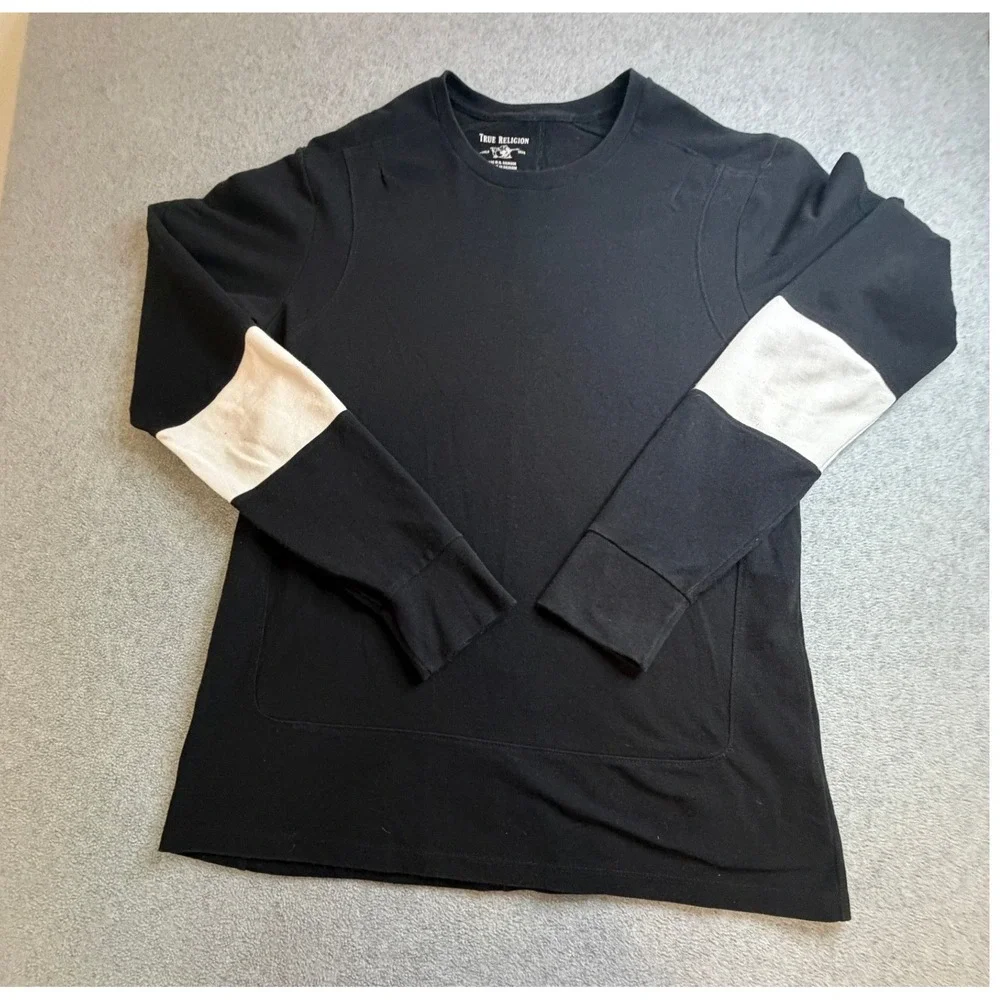 True Religion Mens Long Sleeve Shirt Black Colorblock World Tour Graphic Medium